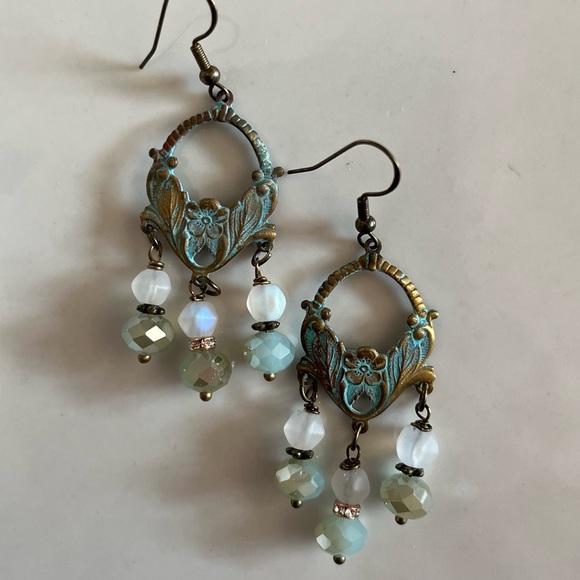 Art Nouveau Style Verdigris Earrings Czech Glass Drops - Picture 11 of 15